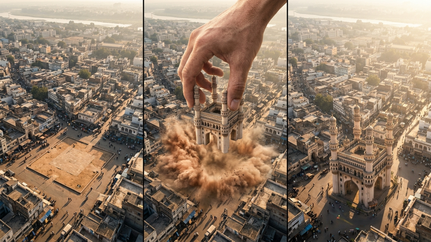 Giant Hand Landmark Drop Cinematic Generator Master Prompt